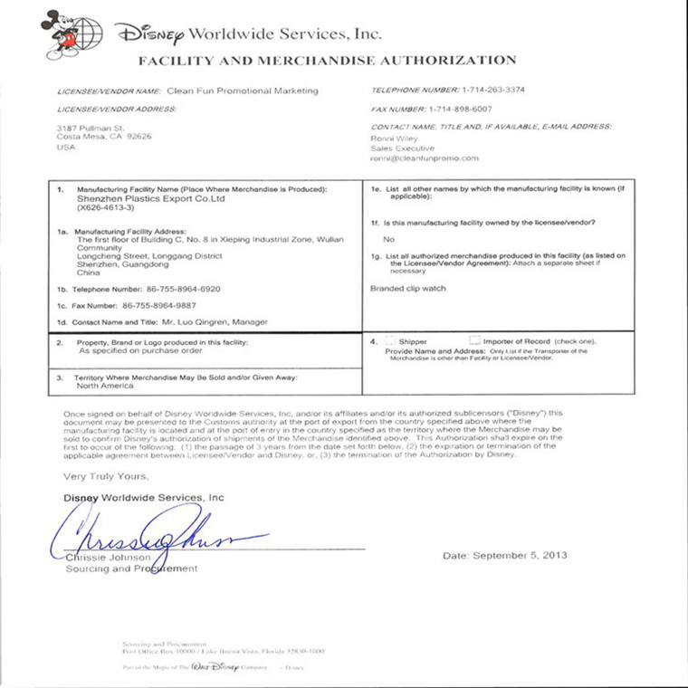 Disney certification of shenzhen RYHX Disney certification of shenzhen RYHX